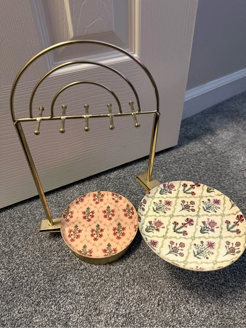 Gold Metal Jewelry Stand with Floral Ceramic Trays